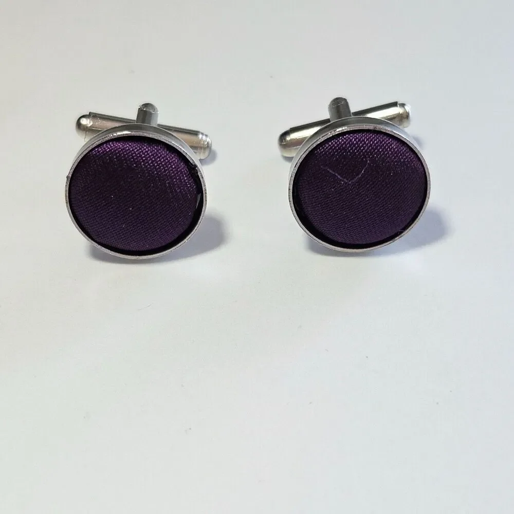 Silver tone purple fabric cufflinks